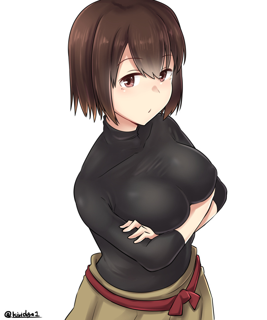 1girl absurdres breasts brown_eyes brown_hair crossed_arms hair_between_eyes highres hyuuga_(kantai_collection) kantai_collection kiritto large_breasts short_hair solo