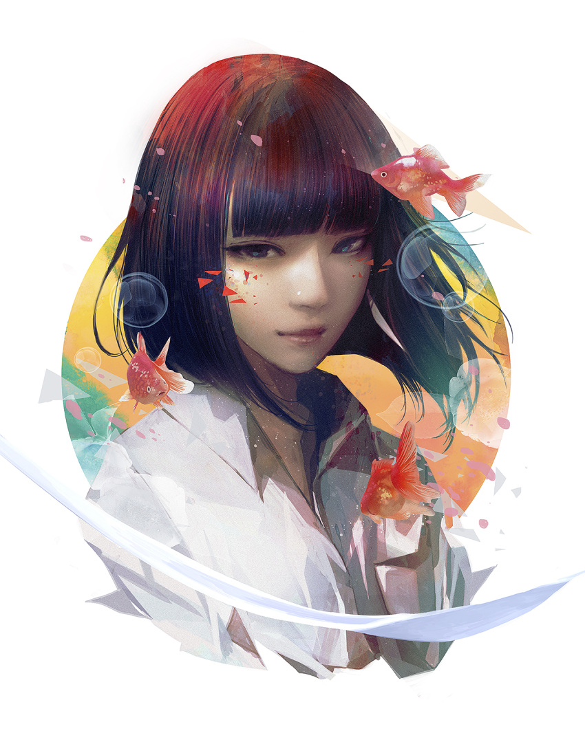 1girl abstract bangs black_hair blue_eyes blunt_bangs closed_mouth collared_shirt commentary fish goldfish highres lips looking_at_viewer original shirt short_hair simple_background solo wataboku white_background white_shirt wing_collar