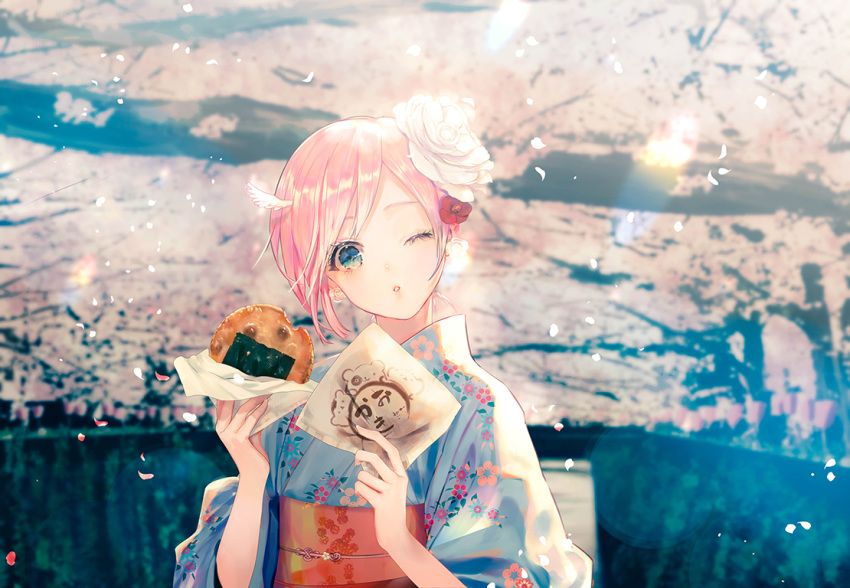 1girl blue_eyes blue_kimono blurry bokeh cherry_blossoms commentary_request depth_of_field earrings floral_print flower flower_earrings food hair_flower hair_ornament hana_(asml30) head_tilt holding holding_food japanese_clothes jewelry kimono long_sleeves looking_at_viewer one_eye_closed original outdoors paper petals pink_hair red_flower rose sash shiny shiny_hair short_hair solo white_rose wide_sleeves