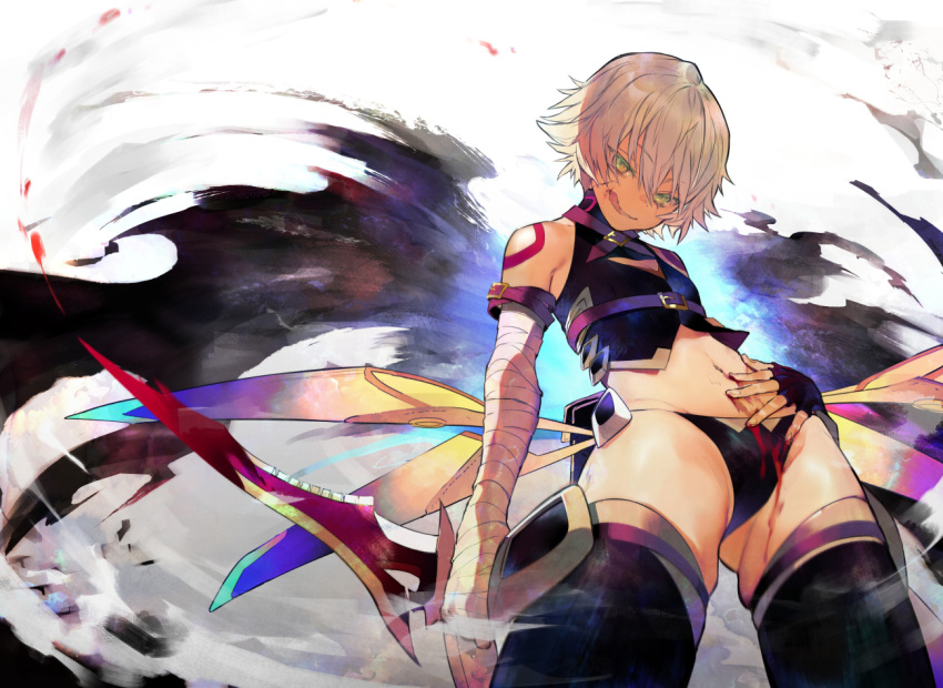 1girl :q assassin_of_black bandage bandaged_arm bangs black_legwear black_panties blood crop_top dagger eyebrows_visible_through_hair fate/apocrypha fate_(series) flat_chest green_eyes groin hair_between_eyes hand_on_own_stomach holding holding_weapon looking_at_viewer navel nozaki_tsubata panties parted_lips short_hair solo thigh-highs thighs tongue tongue_out tsurime underwear weapon