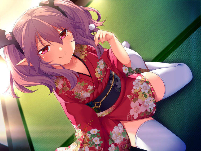 1girl blush breasts collarbone dutch_angle floral_print hair_between_eyes hair_ornament horosuke_(toot08) indoors japanese_clothes kimono medium_hair original pink_eyes pointy_ears purple_hair short_kimono sidelocks sitting small_breasts solo tatami thigh-highs twintails white_legwear