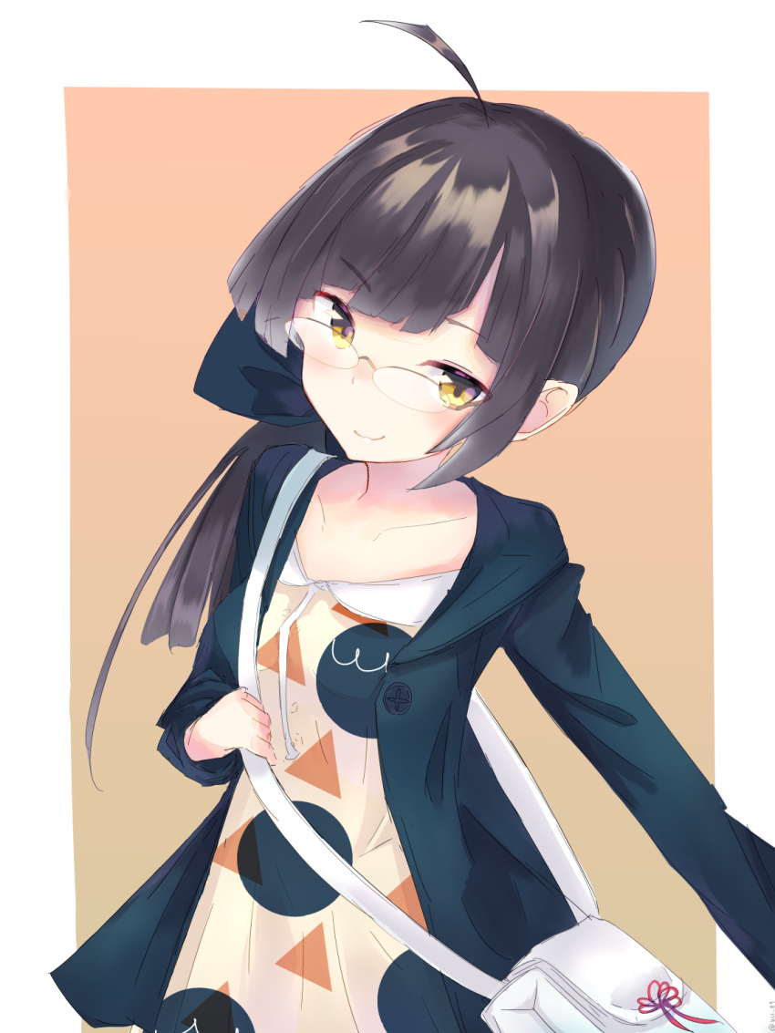 1girl ahoge alternate_costume bag bespectacled black_hair blush casual chousatou commentary_request fujinami_(kantai_collection) glasses highres kantai_collection long_hair long_sleeves looking_at_viewer side_ponytail smile solo yellow_eyes