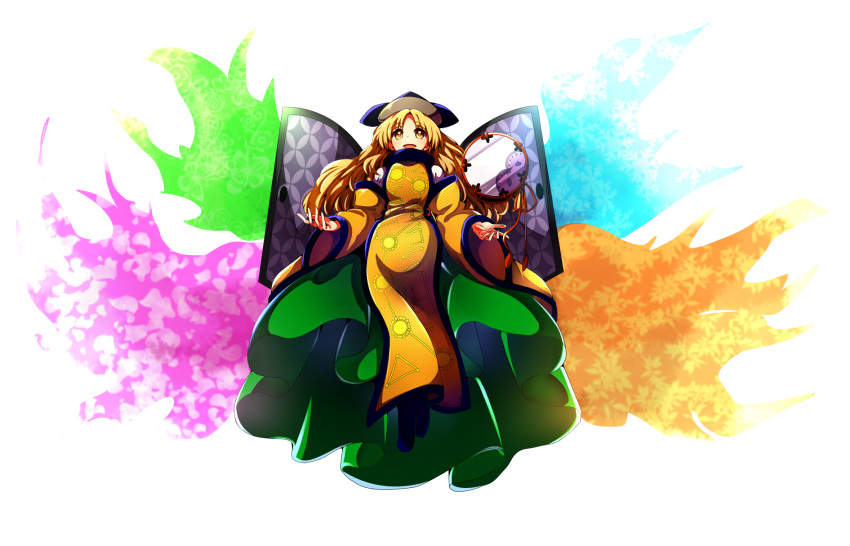 1girl aura baba_(baba_seimaijo) blonde_hair commentary_request detached_sleeves door drum full_body green_skirt hat highres instrument long_hair looking_at_viewer matara_okina skirt smile solo tabard touhou transparent_background yellow_eyes