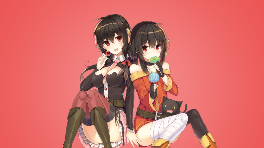 2girls bandage bandaged_leg belt black_gloves black_hair black_legwear blush bow braid breasts button_eyes candy cape cat chomusuke collar dress fingerless_gloves food gloves hair_bow hair_ornament hat highres kono_subarashii_sekai_ni_shukufuku_wo! large_breasts lollipop long_hair looking_at_viewer megumin mismatched_legwear multiple_girls necktie open_mouth red_dress red_eyes ribbon short_hair_with_long_locks single_thighhigh smile source_request thigh-highs witch_hat yunyun_(konosuba)