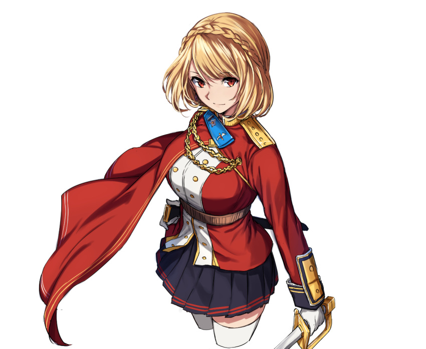 1girl azur_lane bangs blonde_hair blue_skirt braid cape closed_mouth cowboy_shot cropped_legs eyebrows_visible_through_hair holding holding_sword holding_weapon light_smile long_sleeves looking_at_viewer military military_uniform pleated_skirt prince_of_wales_(azur_lane) red_cape sblack short_hair simple_background skirt solo standing sword thigh-highs uniform weapon white_background white_legwear