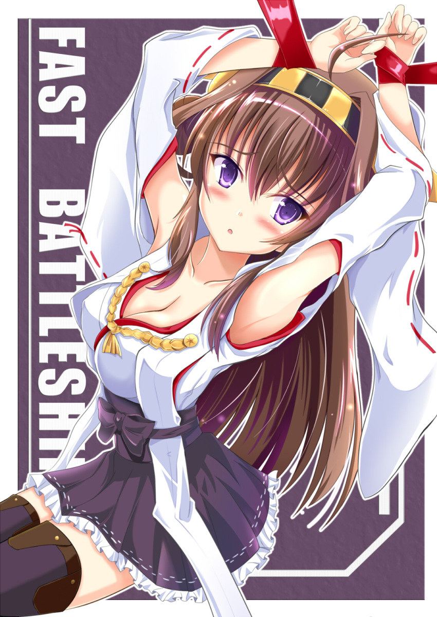 1girl ahoge armpits bare_shoulders blush bound bound_wrists detached_sleeves double_bun hairband headgear highres japanese_clothes kantai_collection kongou_(kantai_collection) looking_at_viewer nontraditional_miko radek_ken ribbon-trimmed_sleeves ribbon_trim solo