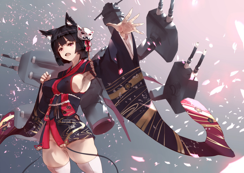1girl :d agovitch animal_ears armpits azur_lane bell black_hair blush breasts clenched_hand cowboy_shot erect_nipples eyebrows_visible_through_hair fang floral_print furisode groin hair_ornament head_tilt highres japanese_clothes jingle_bell kimono kimono_skirt large_breasts long_sleeves looking_at_viewer machinery no_panties open_mouth outstretched_arm short_hair skindentation smile solo thigh-highs white_legwear yamashiro_(azur_lane)
