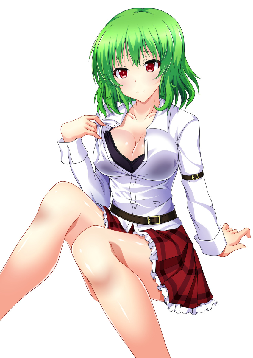 1girl absurdres arm_garter bangs black_bra blush bra breasts cleavage closed_mouth collarbone frilled_skirt frills green_hair haruka_(pixiv) highres kazami_yuuka large_breasts long_sleeves looking_at_viewer plaid plaid_skirt red_eyes shirt short_hair sitting skirt smile solo touhou underwear white_shirt