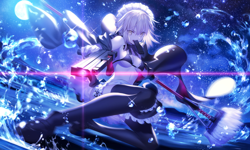 1girl apron artoria_pendragon_(all) artoria_pendragon_(swimsuit_rider_alter) bangs black_legwear blonde_hair breasts commentary_request dutch_angle eyebrows_visible_through_hair fate/grand_order fate_(series) frills glint gun hair_between_eyes handgun highres holding holding_gun holding_weapon hood hoodie kneeling leg_garter magazine maid_bikini mop night night_sky one_knee open_clothes open_hoodie outdoors pistol revision saber saber_alter shinooji sidelocks sky small_breasts solo star_(sky) starry_sky thigh-highs tsurime under_boob waist_apron water_drop weapon yellow_eyes