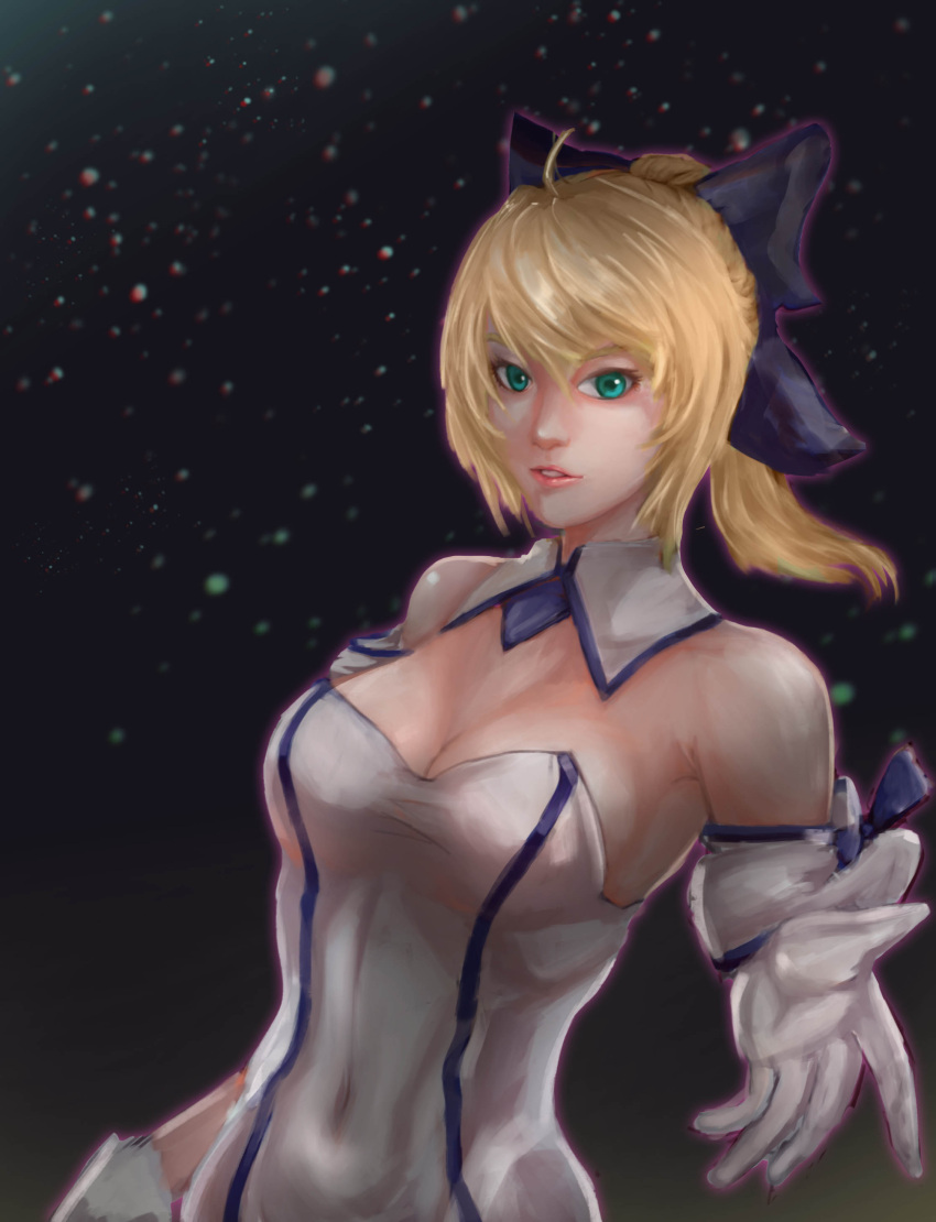 1girl absurdres ahoge artoria_pendragon_(all) bare_shoulders black_bow blonde_hair bow breasts cleavage detached_collar fate/unlimited_codes fate_(series) gloves green_eyes hair_bow highres lips medium_breasts painterly parted_lips ponytail saber_lily solo white_gloves yamada_(2833422618)