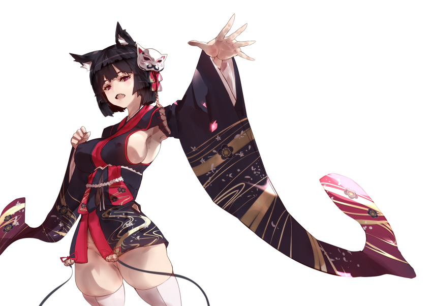 1girl :d agovitch animal_ears armpits azur_lane bell black_hair blush breasts clenched_hand cowboy_shot erect_nipples eyebrows_visible_through_hair fang floral_print furisode groin hair_ornament head_tilt highres japanese_clothes jingle_bell kimono kimono_skirt large_breasts long_sleeves looking_at_viewer no_panties open_mouth outstretched_arm short_hair simple_background skindentation smile solo thigh-highs white_background white_legwear yamashiro_(azur_lane)