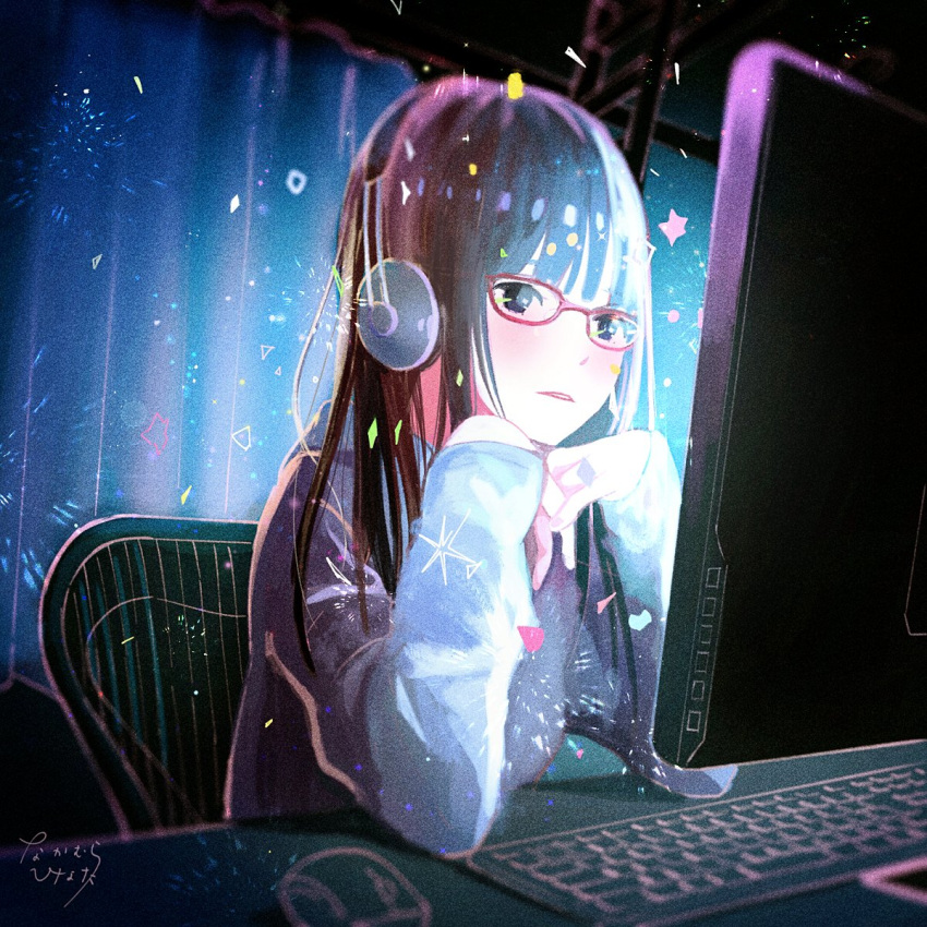 1girl abstract artist_name bangs black_eyes black_hair blush breasts chair commentary_request computer_mouse desk elbow_rest headphones highres indoors keyboard long_hair long_sleeves looking_at_screen medium_breasts monitor nakamura_hinata on_chair original red-framed_eyewear signature sitting solo sweater white_sweater