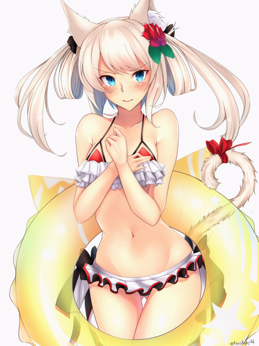 &gt;:) 1girl animal_ears azur_lane bare_arms bare_shoulders bikini bikini_skirt blonde_hair blue_eyes blush breasts cat_ears cat_tail collarbone cowboy_shot eyebrows_visible_through_hair flower frilled_bikini frills gluteal_fold hair_flower hair_ornament hair_rings hammann_(azur_lane) hands_on_own_chest highres kano_(pixiv15844640) layered_bikini leaf_hair_ornament long_hair looking_at_viewer navel red_rose rose simple_background small_breasts solo standing star star_print stomach swimsuit tail tearing_up tears thigh_gap thighs transparent tsurime twitter_username v-shaped_eyebrows white_background white_bikini