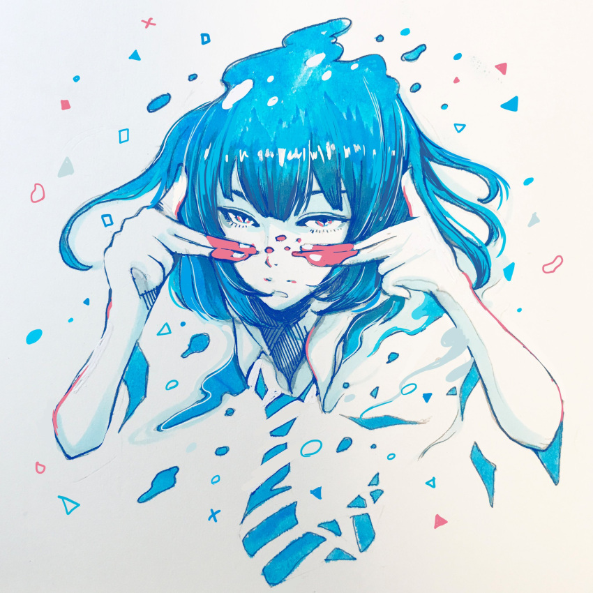 1girl abstract blue blue_hair blue_neckwear collared_shirt commentary_request highres looking_at_viewer monochrome necktie original paint paint_on_fingers shirt short_hair simple_background solo spot_color upper_body wataboku white_background wing_collar