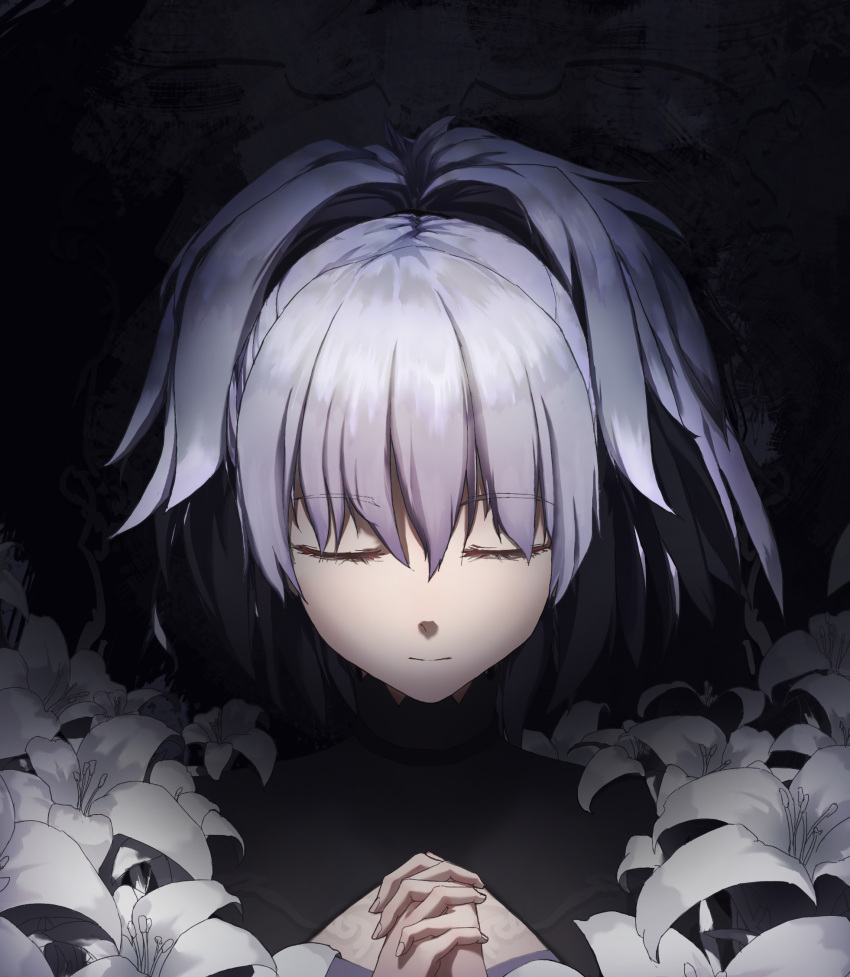 1girl closed_eyes darker_than_black facing_viewer highres hui_feng interlocked_fingers ponytail portrait silver_hair solo white_flowers yin