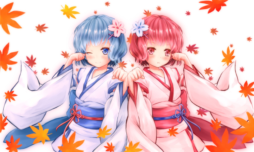 2girls :o blue_eyes blue_hair blue_ribbon blush falling_leaves flower hair_flower hair_ornament highres japanese_clothes kimono leaf looking_at_viewer masa-o multiple_girls one_eye_closed pink_eyes pink_hair pink_ribbon ram_(re:zero) re:zero_kara_hajimeru_isekai_seikatsu rem_(re:zero) ribbon short_hair siblings simple_background sisters smile twins upper_body white_background x_hair_ornament