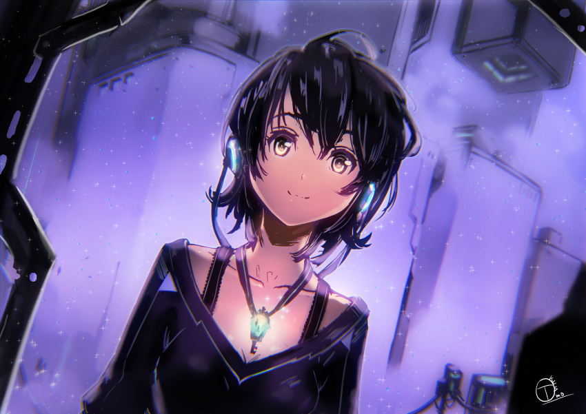 1girl absurdres black_hair brown_eyes city headphones highres jewelry looking_at_viewer night okuto original pendant short_hair smile solo upper_body