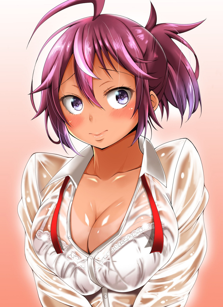 1girl adahcm ahoge bokutachi_wa_benkyou_ga_dekinai bra highres purple_hair see-through shiny shiny_skin shirt solo takemoto_uruka underwear violet_eyes wet wet_clothes wet_shirt white_bra