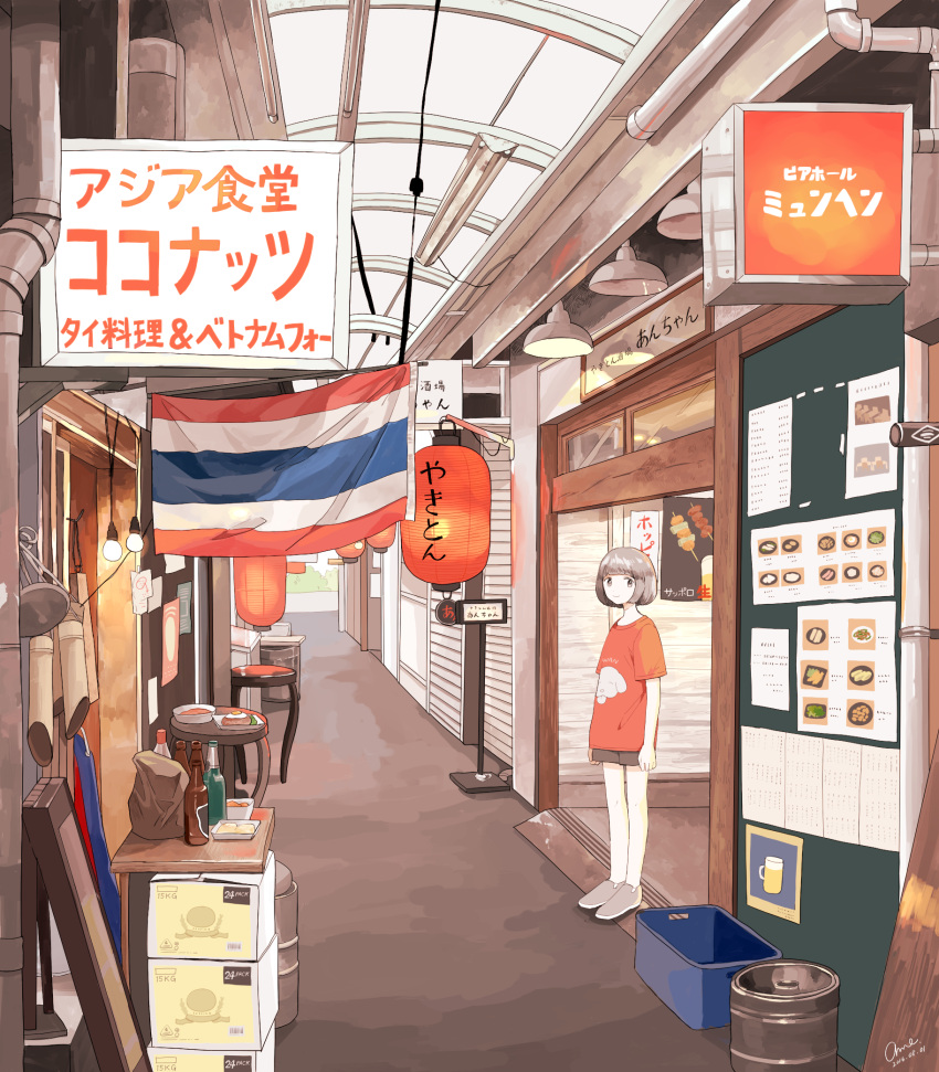 1girl alley bottle box brown_eyes crate dated flag food grey_footwear gumi. highres indoors lantern looking_at_viewer menu original paper_lantern red_shirt shirt shoes short_hair short_shorts shorts sign signature silver_hair smile solo standing tray