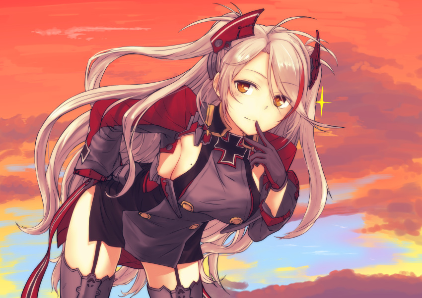 1girl antenna_hair azur_lane bangs bent_over black_dress black_gloves black_legwear breasts closed_mouth clouds cloudy_sky cowboy_shot double-breasted dress eyebrows_visible_through_hair finger_to_mouth foreshortening garter_straps gloves hand_on_hip headgear highres iron_cross kawama_hidesuke legs_apart long_hair long_sleeves looking_at_viewer medium_breasts mole mole_on_breast multicolored_hair outdoors prinz_eugen_(azur_lane) red_eyes redhead shiny shiny_hair sideboob silver_hair sky smile solo sparkle standing streaked_hair swept_bangs thigh-highs tsurime two_side_up very_long_hair zettai_ryouiki