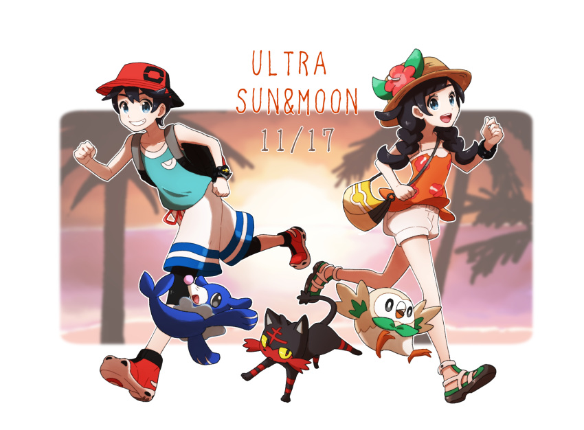 1boy 1girl backpack bag black_hair blue_shirt braid bucket_hat copyright_name flower grin hair_flower hair_ornament handbag hat highres litten long_hair miu_(miuuu_721) mizuki_(pokemon_ultra_sm) open_mouth orange_shirt pokemon pokemon_(creature) pokemon_(game) pokemon_ultra_sm popplio red_hat rowlet shirt short_hair shorts smile sun_hat tank_top twin_braids white_shorts you_(pokemon_ultra_sm) z-ring