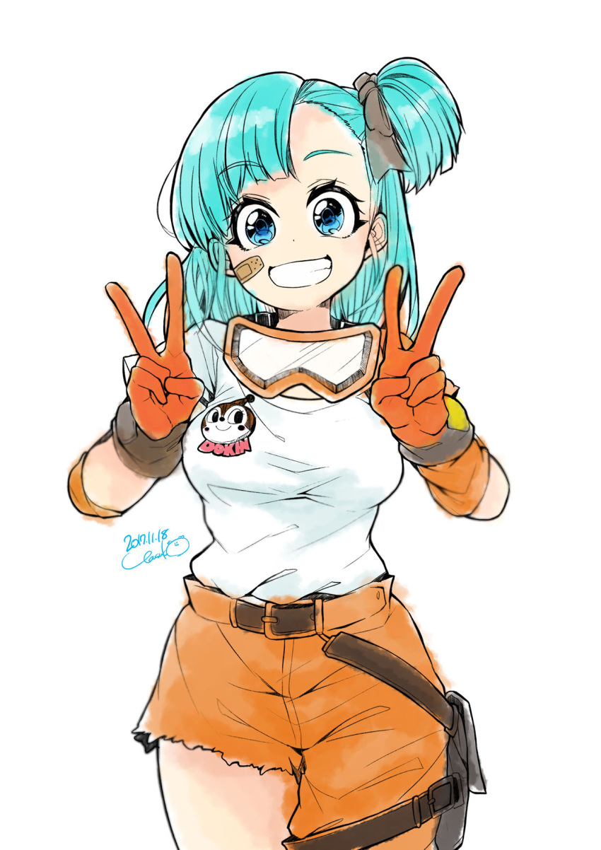 1girl 2017 anpanman bandaid_on_cheek belt blue_eyes blue_hair bulma clenched_teeth dated dokin-chan double_v dragon_ball gloves highres looking_at_viewer motimotifukurou orange_gloves pants short_twintails side_ponytail simple_background smile solo teeth torn_clothes torn_pants tsuru_hiromi twintails v white_background