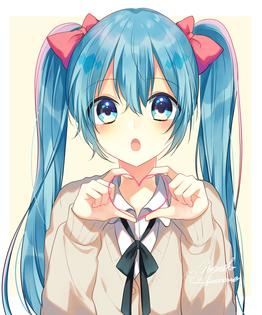 1girl absurdres bangs black_ribbon blue_eyes blue_hair blush bow collared_shirt eyebrows_visible_through_hair hair_bow hair_ornament hatsune_miku heart heart-shaped_pupils heart_hair_ornament highres kaname_monika long_hair long_sleeves neck_ribbon open_mouth pink_bow ribbon shirt signature simple_background solo swearer symbol-shaped_pupils tareme twintails upper_body vocaloid wing_collar yellow_background