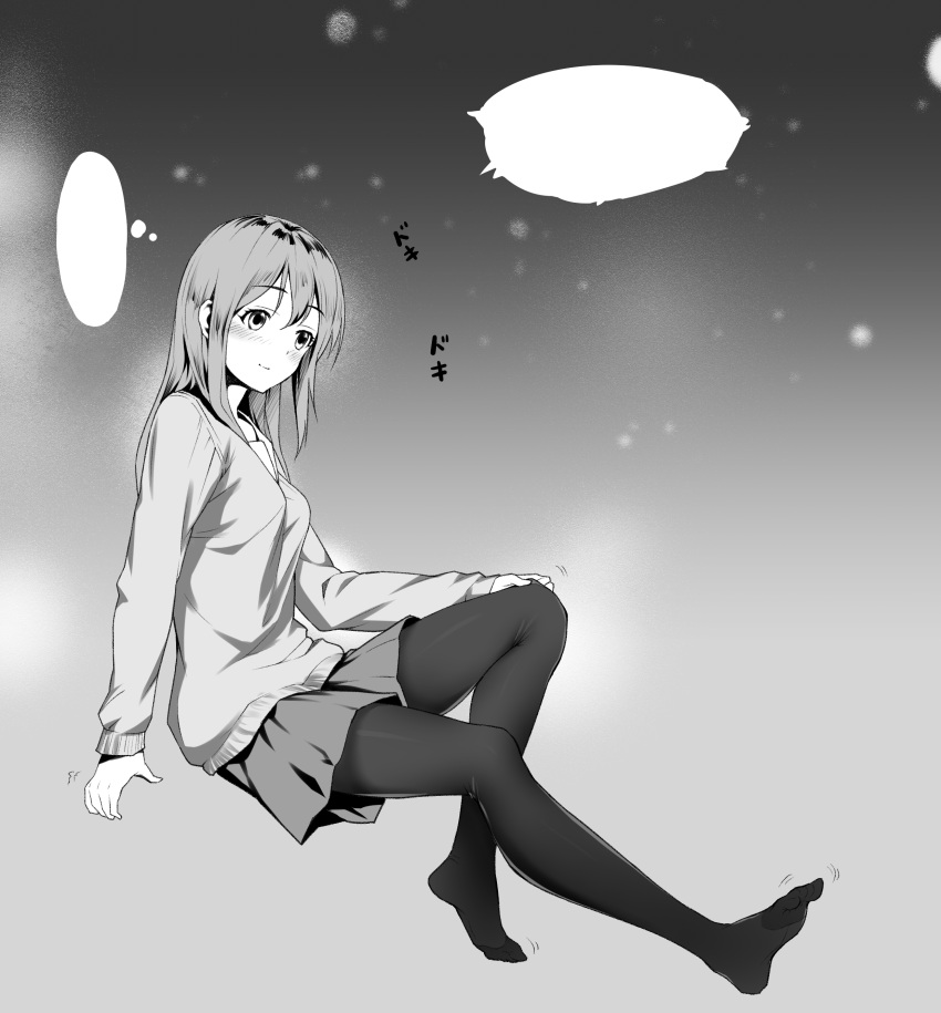 1girl absurdres bangs blank_speech_bubble blush breasts closed_mouth commentary_request eyebrows_visible_through_hair full_body greyscale hand_on_leg highres long_sleeves medium_breasts monochrome motion_lines no_shoes original pantyhose school_uniform sitting skirt smile solo speech_bubble sweater tokinohimitsu