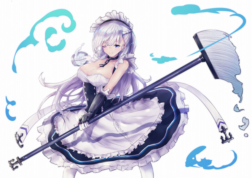 1girl anchor_symbol azur_lane bangs bare_shoulders belfast_(azur_lane) blue_eyes blush braid breasts chains cleavage collar commentary_request eyebrows_visible_through_hair french_braid gloves highres holding large_breasts long_hair looking_at_viewer maid maid_headdress one_eye_closed shinonome_tsukasa silver_hair smile solo