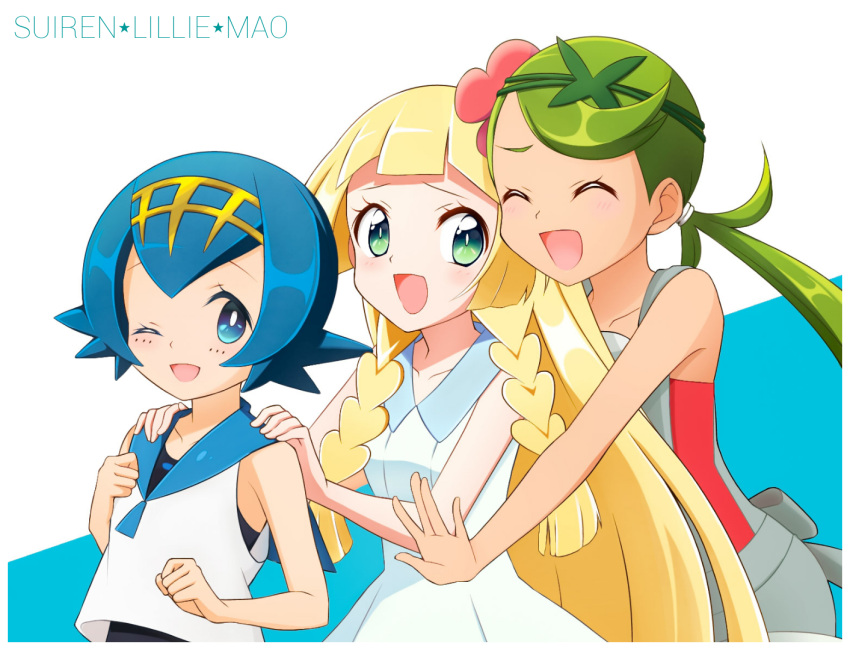 3girls :d ;d blonde_hair blue_eyes blue_hair blue_sailor_collar braid breasts character_name closed_eyes dark_skin dress flower green_eyes green_hair hair_flower hair_ornament hairband koudzuki_(reshika213) lillie_(pokemon) long_hair looking_at_viewer mallow_(pokemon) multiple_girls one_eye_closed open_mouth pokemon pokemon_(game) pokemon_sm sailor_collar short_hair small_breasts smile suiren_(pokemon) swimsuit swimsuit_under_clothes trial_captain twintails white_dress