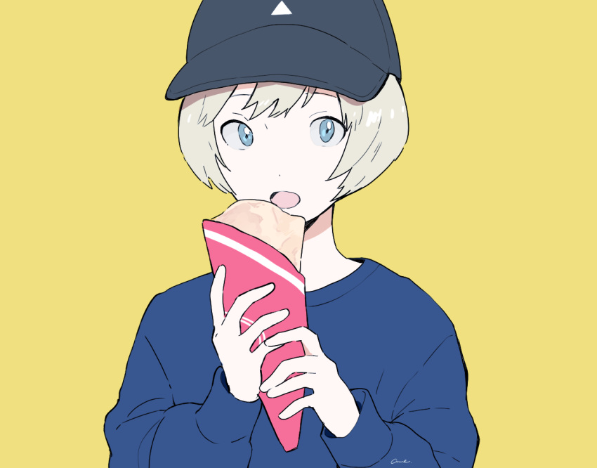 1girl bangs baseball_cap blue_eyes blue_sweater crepe food gumi. hat holding holding_food long_sleeves looking_at_viewer open_mouth original short_hair signature silver_hair simple_background solo sweater upper_body yellow_background