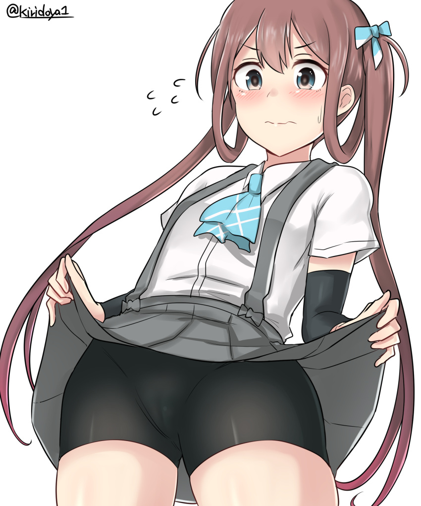 1girl absurdres arm_warmers asagumo_(kantai_collection) ascot bike_shorts blush brown_hair grey_eyes hair_ribbon highres kantai_collection kiritto lifted_by_self long_hair pleated_skirt ribbon shirt short_sleeves skirt skirt_hold skirt_lift solo suspenders sweatdrop twintails twitter_username white_background white_shirt