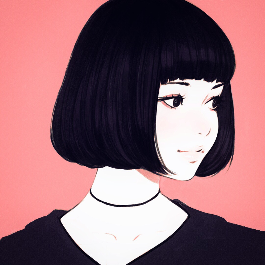 1girl black_choker black_hair close-up face ilya_kuvshinov looking_to_the_side original short_hair simple_background smile solo