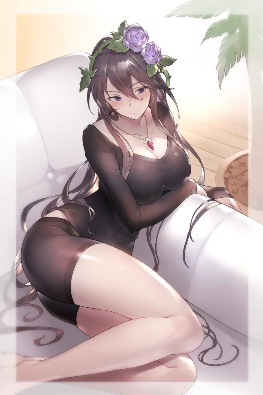 1girl absurdres arm_support ass bare_legs barefoot bike_shorts black_shirt blush border breasts brown_hair casual cleavage closed_mouth collarbone couch eel flower gem granblue_fantasy hair_between_eyes hair_flower hair_ornament highres jewelry kakage large_breasts lead long_hair long_sleeves lying necklace on_couch on_side pendant plant potted_plant purple_rose rose rosetta_(granblue_fantasy) shiny shiny_hair shirt smile solo thighs thorns tsurime very_long_hair violet_eyes wooden_floor