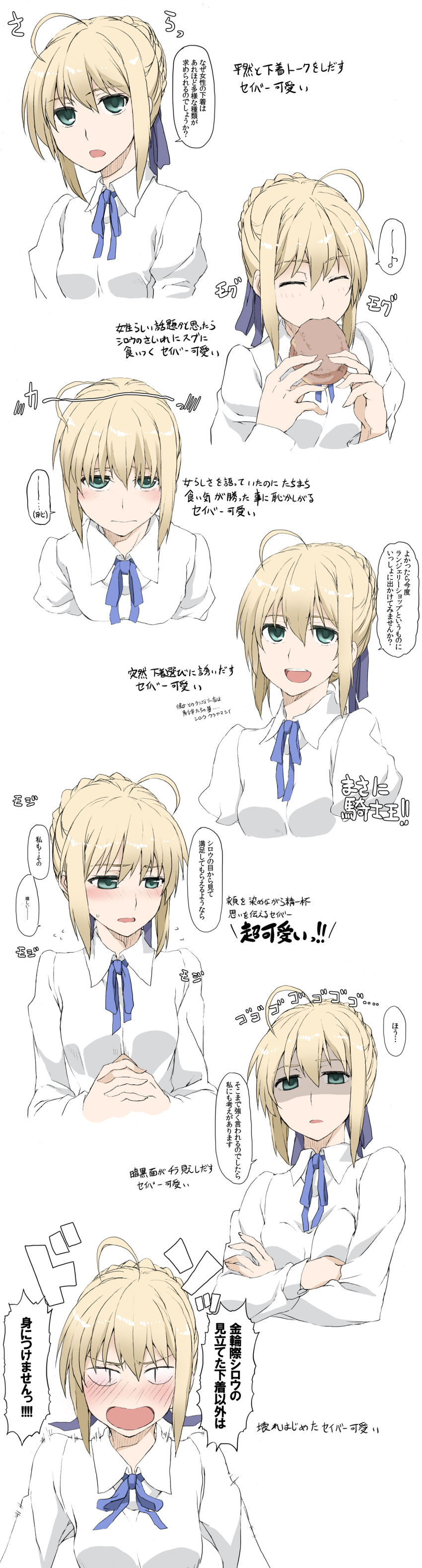 1girl absurdres ahoge artoria_pendragon_(all) blonde_hair blouse blue_ribbon blush closed_eyes crossed_arms eating elf_(stroll_in_the_woods) fate/stay_night fate_(series) food graphite_(medium) green_eyes hair_bun hair_ribbon highres looking_at_viewer looking_away open_mouth ribbon saber shaded_face simple_background traditional_media translation_request upper_body white_background white_blouse