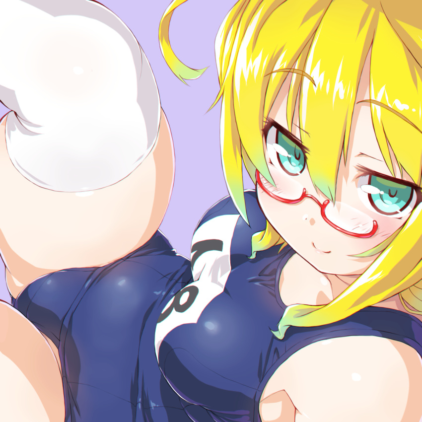 1girl ahoge aqua_eyes blonde_hair breasts closed_mouth dd_(ijigendd) eyebrows_visible_through_hair from_above gluteal_fold hair_between_eyes highres i-8_(kantai_collection) kantai_collection looking_at_viewer medium_breasts red-framed_eyewear school_swimsuit sidelocks simple_background smile solo swimsuit thigh-highs thighs under-rim_eyewear white_legwear