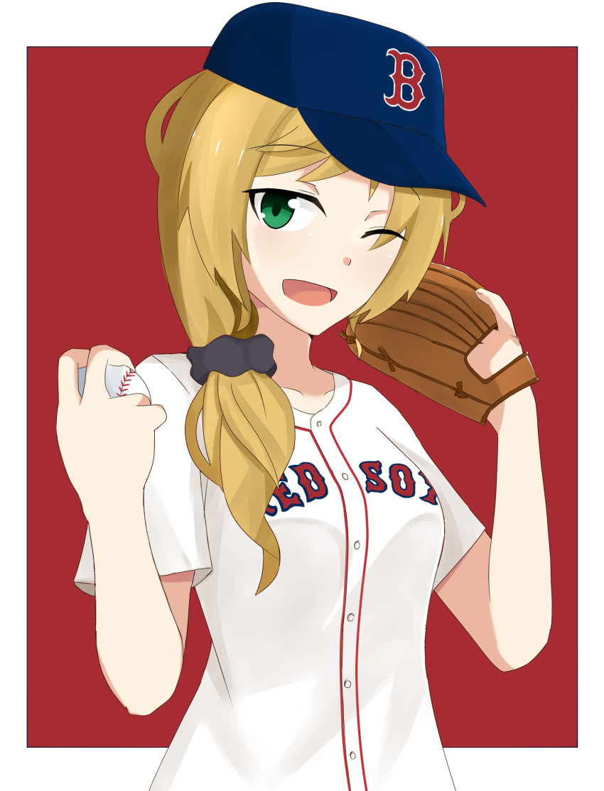 absurdres ball baseball baseball_cap baseball_glove baseball_uniform blonde_hair boston_red_sox cyka ellen_baker green_eyes hat highres major_league_baseball new_horizon one_eye_closed open_mouth red_background solo sportswear