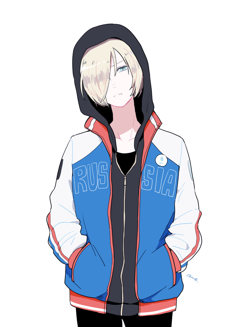 1boy black_pants blonde_hair blue_eyes closed_mouth cowboy_shot gumi. hair_over_one_eye hands_in_pockets highres hood hood_up hoodie jacket long_sleeves looking_at_viewer male_focus one_eye_covered pants signature simple_background solo standing white_background yuri!!!_on_ice yuri_plisetsky