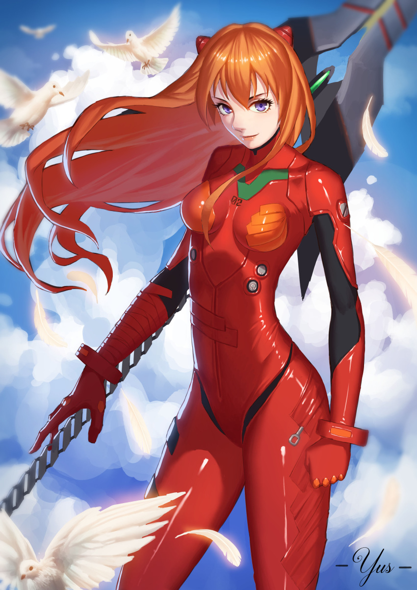 1girl absurdres artist_name bandage bird blue_eyes blue_sky breasts clenched_hand clouds dove feathers highres lance_of_longinus long_hair medium_breasts neon_genesis_evangelion orange_hair plugsuit rebuild_of_evangelion sky smirk solo souryuu_asuka_langley yus