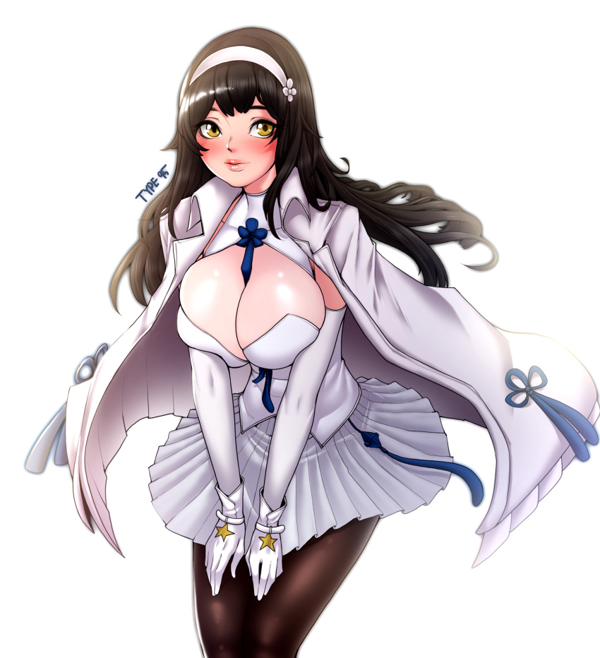 1girl akchu bangs between_breasts black_hair blue_ribbon blunt_bangs blush breasts brown_legwear character_name cleavage cleavage_cutout closed_mouth cowboy_shot detached_sleeves eyelashes flower girls_frontline gloves hair_flower hair_ornament hairband halter_top halterneck hands_on_lap highres jacket jacket_on_shoulders large_breasts long_hair long_sleeves miniskirt open_clothes open_jacket pantyhose pink_lips pleated_skirt qbz-95_(girls_frontline) ribbon shiny shiny_skin shirt simple_background skin_tight skirt sleeveless smile solo standing turtleneck white_background white_gloves white_hairband white_skirt yellow_eyes