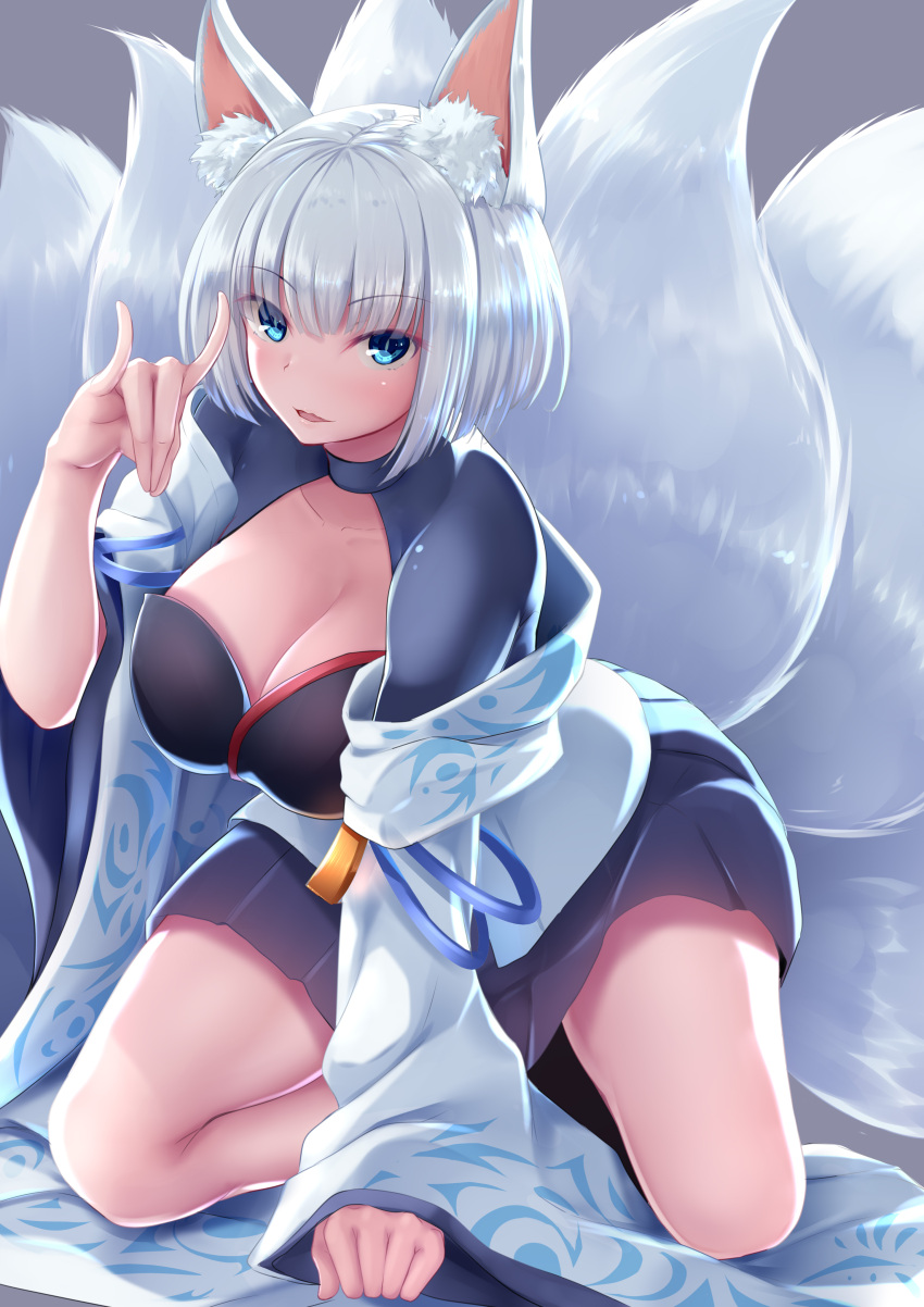 1girl \m/ absurdres animal_ears azur_lane black_neckwear blue_eyes breasts choker cleavage commentary_request eyebrows_visible_through_hair fox_ears fox_tail highres japanese_clothes kaga_(azur_lane) kneeling large_breasts looking_at_viewer multiple_tails nicoby open_mouth short_hair tail white_hair wide_sleeves