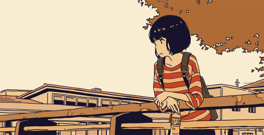 1girl against_railing album_cover autumn autumn_leaves backpack bad_source bag black_eyes black_hair black_pants bob_cut bottle building closed_mouth cover evening highres holding holding_bottle horizontal_stripes hosoo leaning_forward light_frown limited_palette long_sleeves looking_to_the_side original outdoors pants railing red_shirt shirt solo striped striped_shirt sunlight telephone_pole white_shirt