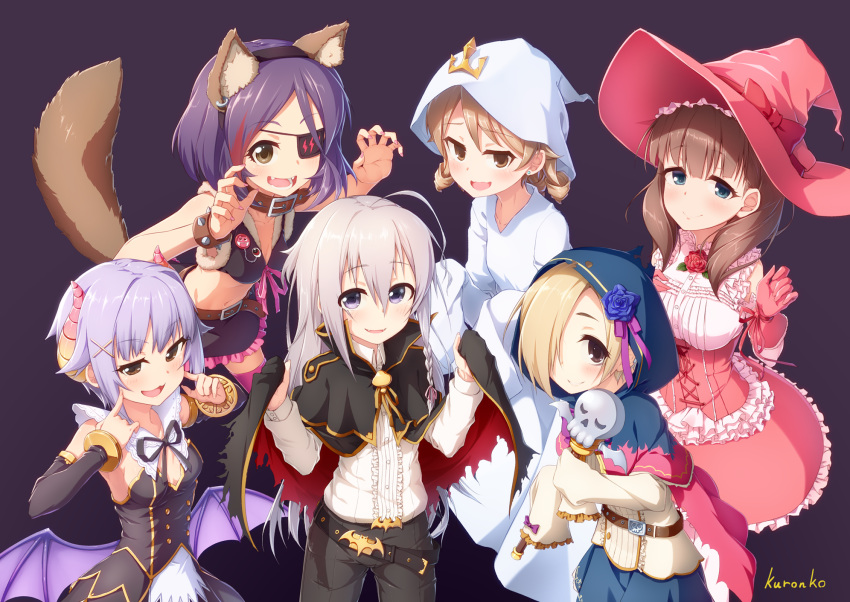 6+girls artist_name bat_wings belt black_background black_pants black_skirt blonde_hair blue_eyes bracelet breasts brown_hair cape dress eyepatch fang flower green_eyes hair_between_eyes hair_flower hair_ornament hair_over_one_eye hat hayasaka_mirei highres hood horns hoshi_shouko idolmaster idolmaster_cinderella_girls jewelry koshimizu_sachiko kuroneko_shiro long_hair long_sleeves looking_at_viewer morikubo_nono multiple_girls open_mouth pants pink_dress pink_hat pose purple_hair sakuma_mayu shirasaka_koume silver_hair simple_background skirt small_breasts smile spiked_bracelet spikes standing tail violet_eyes wings witch_hat