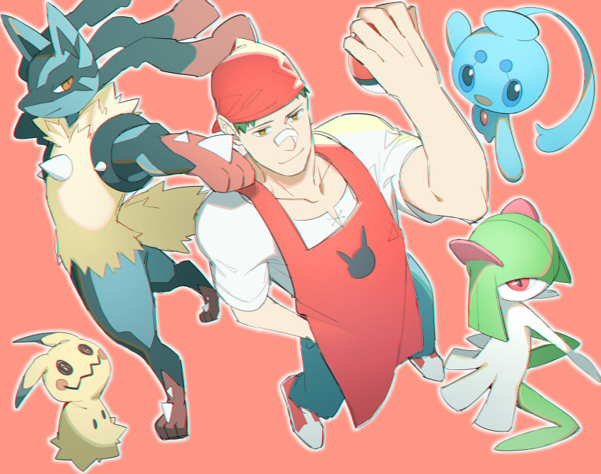 1boy absurdres apron bandaid bandaid_on_nose bandanna from_above green_hair hand_in_pocket highres holding holding_poke_ball kirlia looking_at_viewer lucario male_focus manaphy mimikyu nazono_buru npc_trainer poke_ball pokemon pokemon_(creature) pokemon_(game) pokemon_breeder_(pokemon) pokemon_oras red_apron red_background simple_background smile smirk
