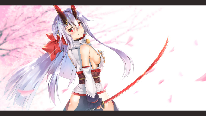 1girl absurdres armor blue_hakama blush breasts cherry_blossoms fate/grand_order fate_(series) hair_between_eyes hakama highres japanese_armor japanese_clothes katana large_breasts long_hair looking_at_viewer oni_horns red_eyes side_slit silver_hair smile solo sword tomoe_gozen_(fate/grand_order) weapon yoro_kurenai