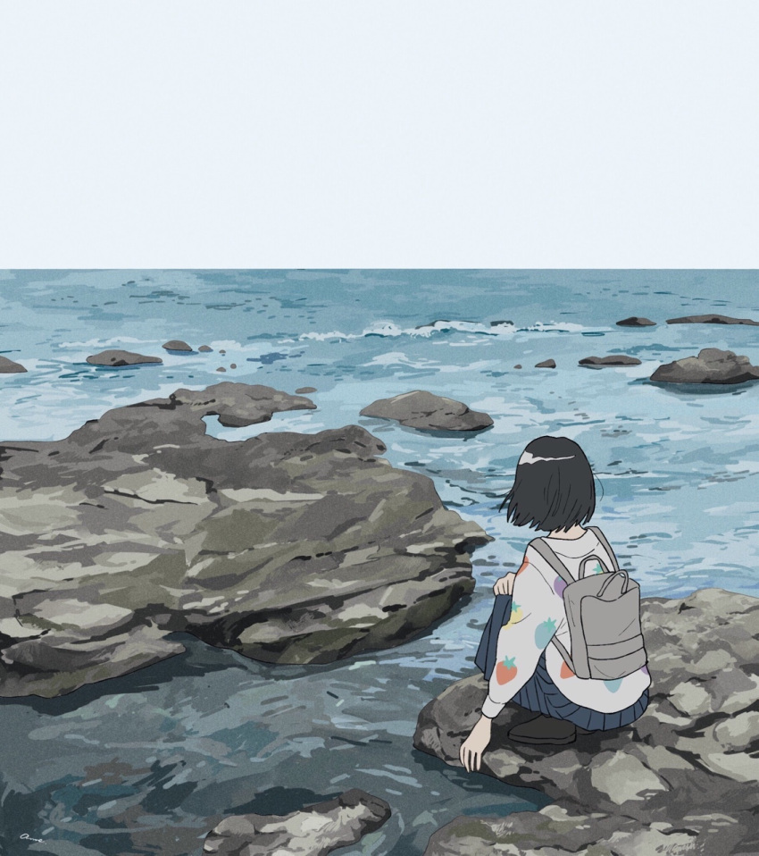 1girl anime_coloring backpack bag black_hair blue_sky brown_footwear facing_away from_behind gumi. highres horizon long_sleeves ocean original outdoors rock shoes short_hair sky solo squatting