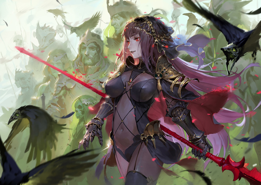 1girl armor army bangs bird bodysuit breasts breasts_apart cape covered_navel cowboy_shot crow erect_nipples fate/grand_order fate_(series) gae_bolg gauntlets glowing glowing_eyes holding holding_weapon jewelry long_hair medium_breasts parted_lips polearm purple_bodysuit purple_hair qmo_(chalsoma) red_eyes scathach_(fate/grand_order) skull smile solo_focus spaulders spear standing veil very_long_hair walking weapon