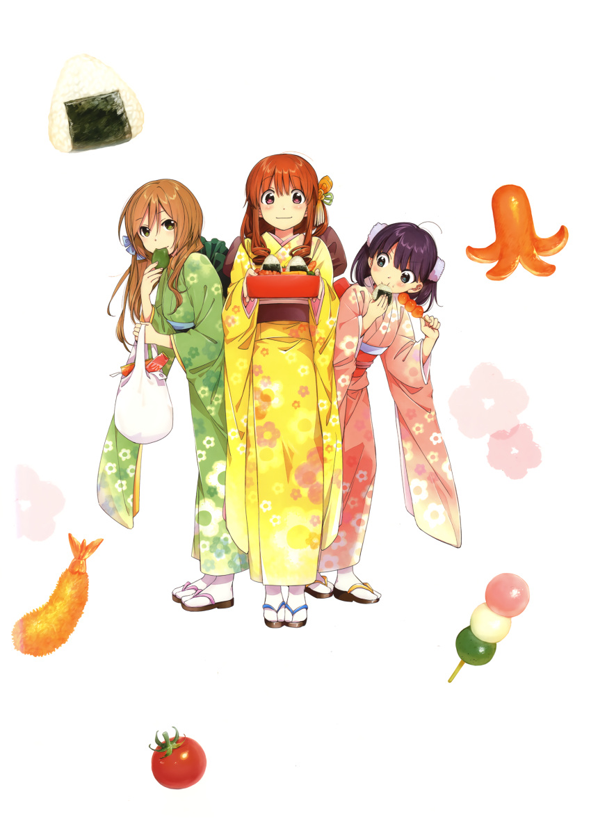 3girls ahoge bag bangs blue_eyes blush brown_hair chewing closed_mouth eating eyebrows_visible_through_hair floral_print food full_body green_eyes green_kimono hair_between_eyes highres holding holding_bag japanese_clothes kawai_makoto kimono koufuku_graffiti light_brown_hair long_hair long_sleeves machiko_ryou morino_kirin multiple_girls onigiri pink_kimono plastic_bag purple_hair sack sandals sash shiina_(koufuku_graffiti) shiny shiny_hair short_hair simple_background smile socks standing tabi violet_eyes white_background white_legwear wide_sleeves yellow_kimono zouri