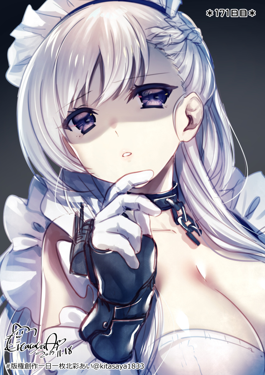 1girl artist_name azur_lane bare_shoulders belfast_(azur_lane) blue_eyes braid breasts chains cleavage collar commentary_request empty_eyes eyebrows_visible_through_hair gloves highres kanzaki_kureha large_breasts long_hair looking_at_viewer maid maid_headdress open_mouth silver_hair solo twitter_username yandere yandere_trance