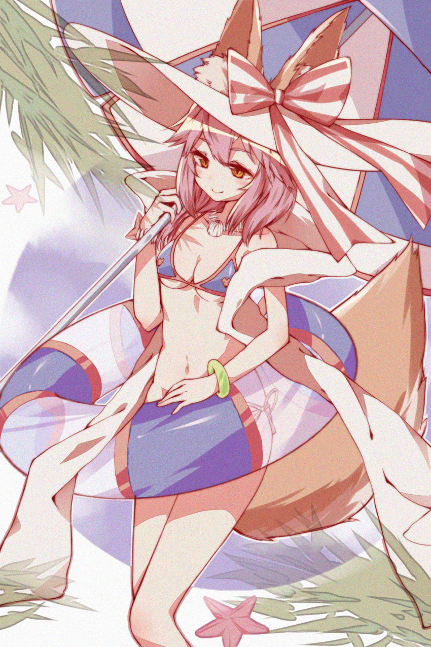 1girl animal_ears beach_umbrella bikini blue_bikini breasts cleavage collarbone ears_through_headwear fate/grand_order fate_(series) fox_ears fox_tail hat highres innertube large_breasts navel ocean palm_leaf pink_hair side-tie_bikini solo straw_hat sun_hat swimsuit tail tamamo_(fate)_(all) tamamo_no_mae_(swimsuit_lancer)_(fate) umbrella yellow_eyes